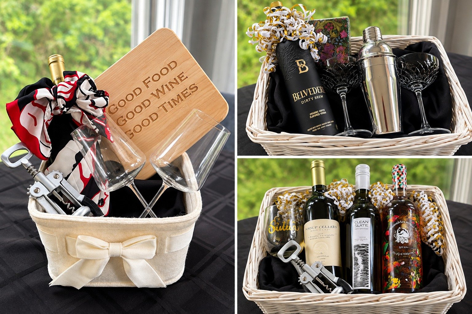 Examples of custom gift baskets by Wrapped & Ready by René